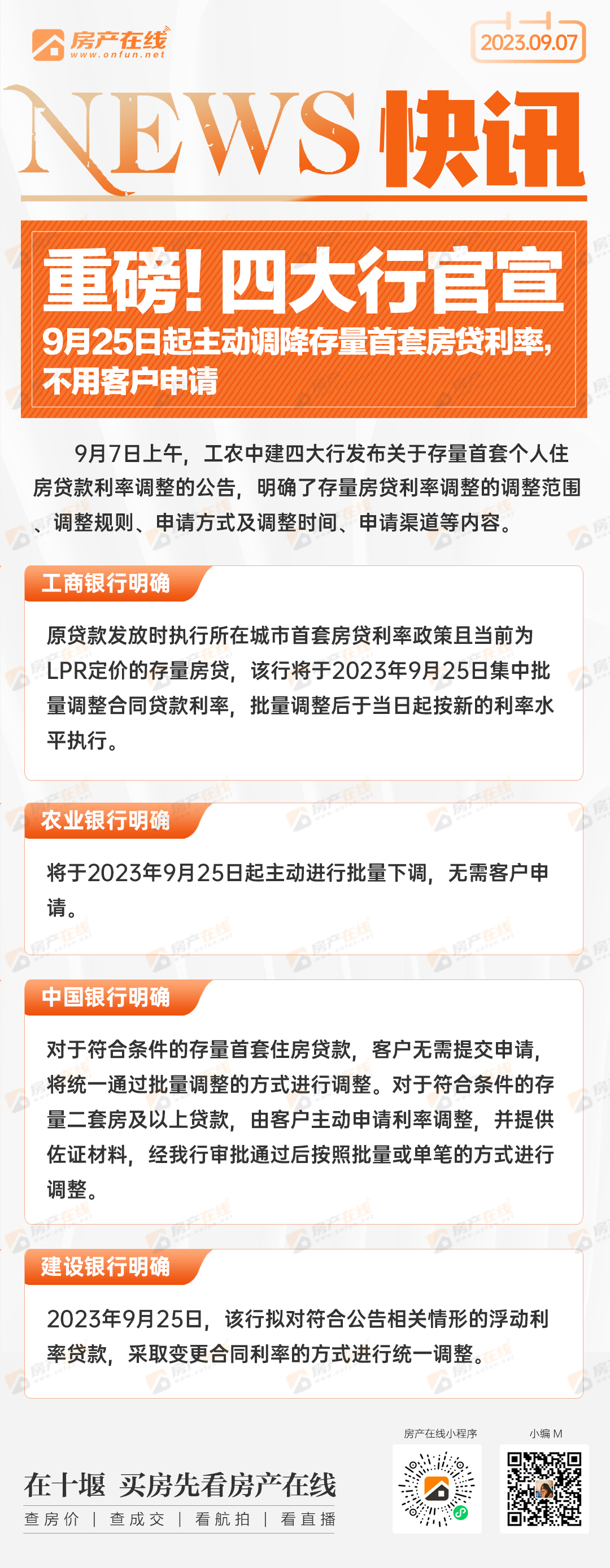 四大行官宣存量首套房贷利率无需申请 批量降低